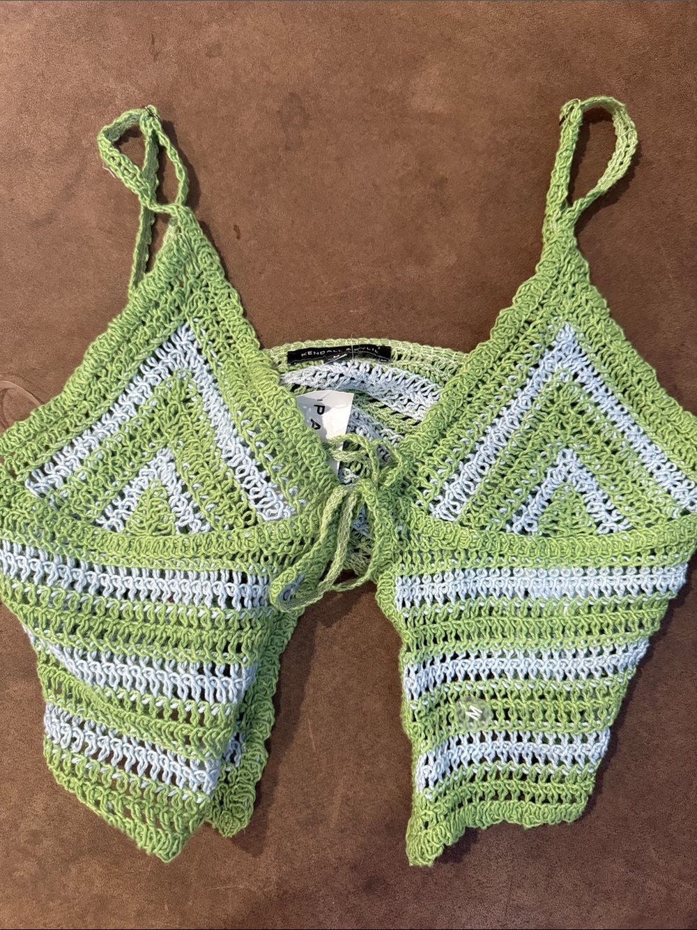 Kendall & Kylie Striped Crochet Triangle Top in Green & Light Blue